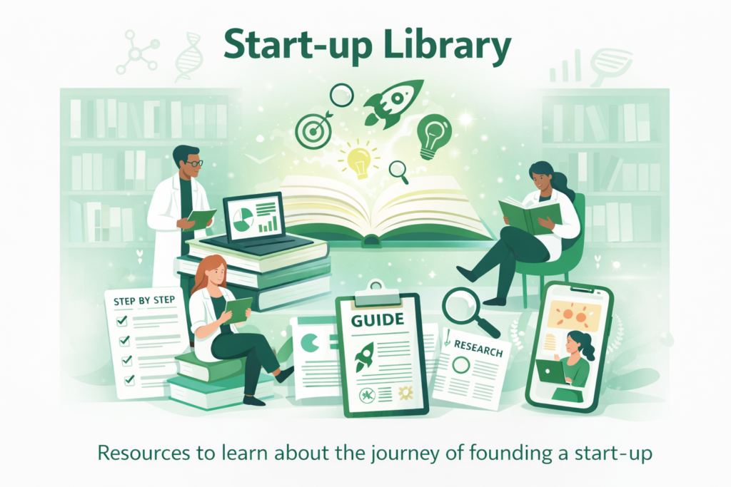Grafik mit dem Titel Start-up Library und dem Untertitel Resources to learn about the journey of founding a start-up
